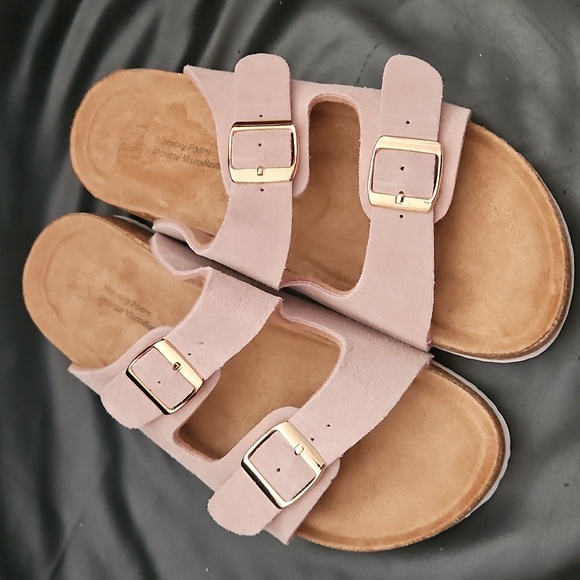 Time & Tru Randi Neutral Blush Suede Slide Sandals with Buckles Sz 8US New - Picture 2 of 8
